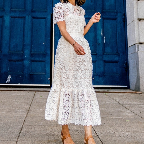 Self Portrait Ivory Guipure Lace Midi Dress UK Size 8 NWT